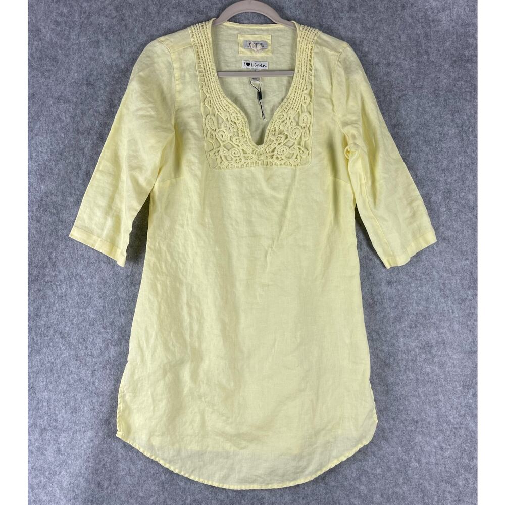 Malvin Germany I Love Linen Dress Womens Large Yellow Crochet Lagenlook Coastal